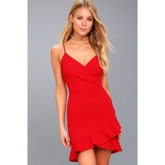 Lulus Sealed With a Kiss Red Bodycon Dress Size L  Ruffle Hem Strappy - Picture 1 of 9
